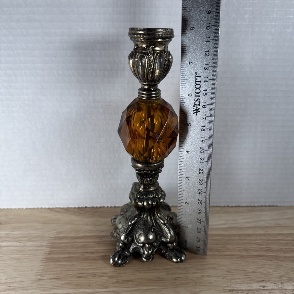 Vintage Candle Holder Brass and Amber Lucite Candlestick 8" - Picture 2 of 5